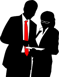 tekening in zwart, wit en rood van man en vrouw op het werk
